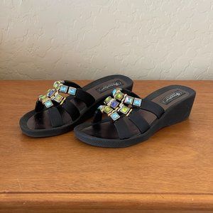 Grandco Sandals 6 Black Blue Green Crystals 3 Strap Slide Wedge
